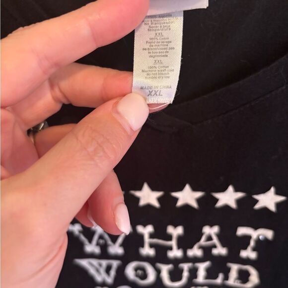 Cowgirl Justice “What Would Johnny Cash Do?” Black Graphic Tee with White Text - Picture 3 of 5